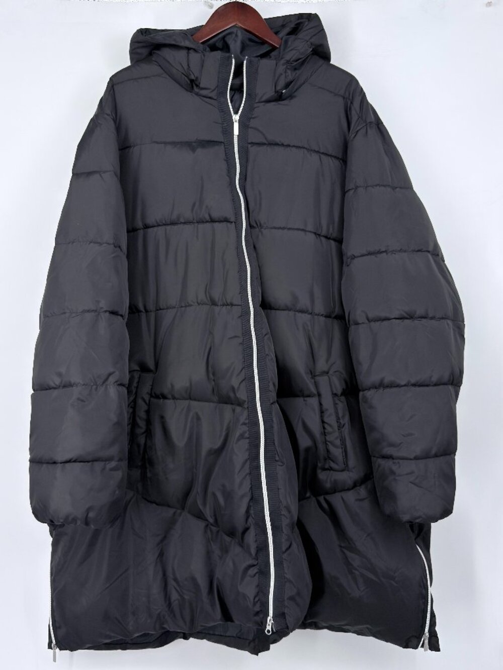 Ellos Puffer Coat Womens 5X 38 40 Black Maxi Long Hooded Side Zip Jacket Parka